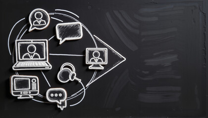 Fototapeta premium Communication tools and technologies illustrated on chalkboard background 