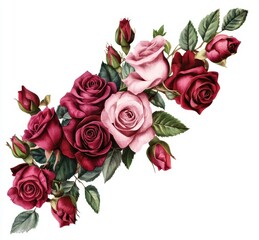Obraz premium Vibrant Arrangement of Red and Pink Roses with Green Leaves, Perfect for Floral Designs, Weddings, and Romantic Themes