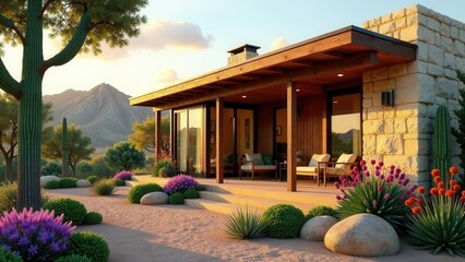 Fototapeta premium Serene Desert Residence Modern Architectural Design with Expansive Patio and Lush Landscaping at Sunset