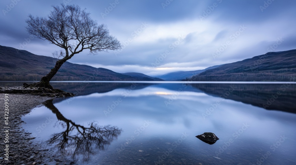 Poster Serene twilight landscape: a lone, leafless tree stands on the shore of a calm loch, its reflection mirrored perfectly in the still water, mountains in the background. : Generative AI