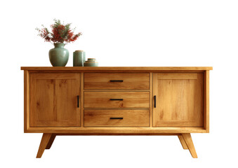 [Transparent Background PNG]Mid-Century Modern Wooden Buffet with Decorative Accents