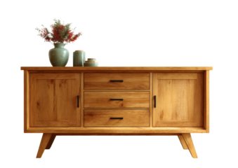 [Transparent Background PNG]Mid-Century Modern Wooden Buffet with Decorative Accents