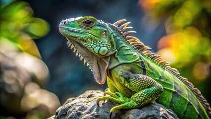 Obraz premium A vibrant green iguana basks in the warm sunlight, perched majestically on a rough-textured rock.
