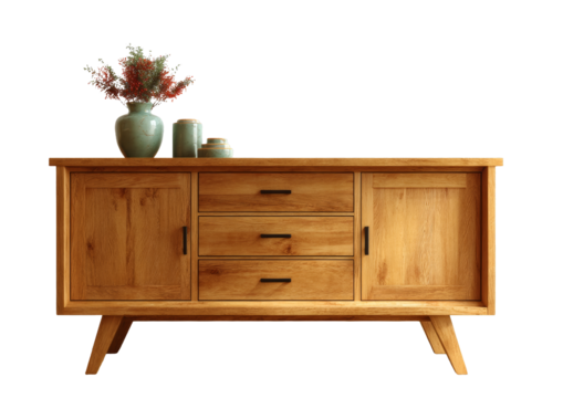 [Transparent Background PNG]Mid-Century Modern Wooden Buffet with Decorative Accents