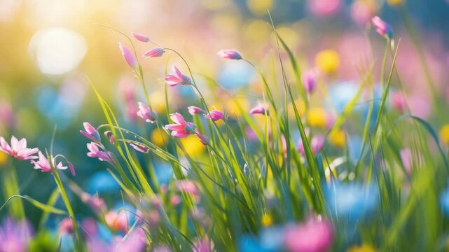 Concept of beauty, detailed view of wildflowers and grass, vertical video.