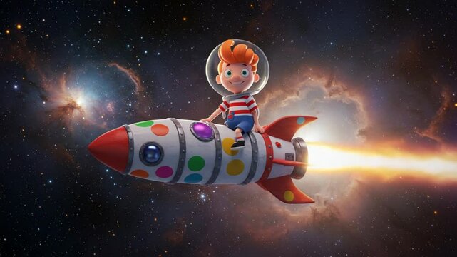 Cartoon boy riding a rocket through space exploration and adventure