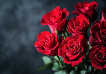 Fototapeta premium Vibrant Red Roses Bouquet on Dark Background with Soft Focus Perfect for Romantic Occasions and Floral Designs in Photography and Art Projects