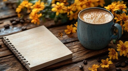 Autumnal coffee break, notebook, flowers, wooden table