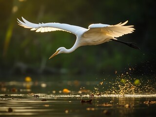 Great Egret in Flight Over Lush Everglades Water