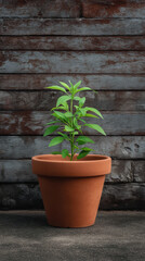 A vibrant basil plant grows healthily in a terracotta pot, set against a rustic weathered wooden fence creating a charming and natural still life scene.