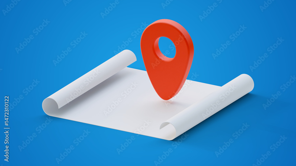 Poster map and location pointer isolated on a blue background. location pin on the rolled map. travel navig