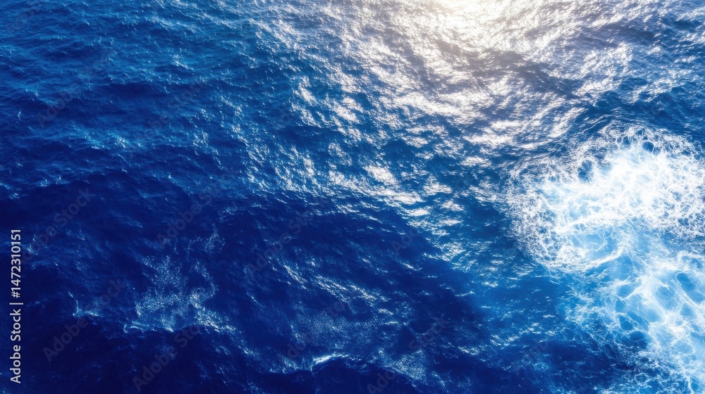 Poster aerial view of deep blue ocean water with sunlight reflecting on the surface and whitecaps forming n