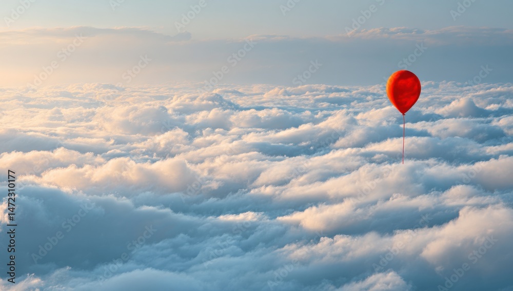 Aufkleber single red balloon floats serenely above a boundless expanse of fluffy white clouds, bathed in the s