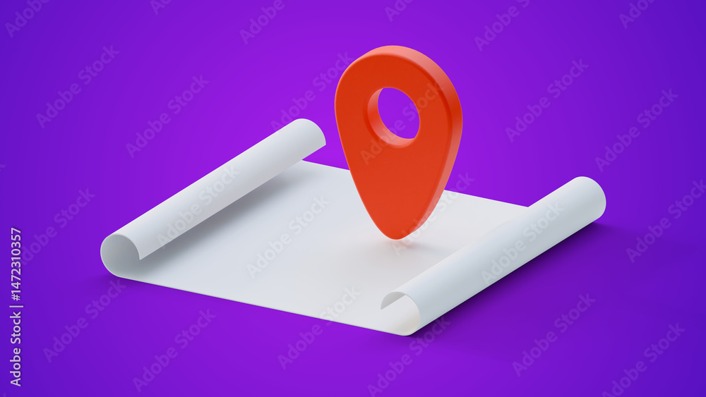 Poster map and location pointer isolated on a purple background. location pin on the rolled map. travel nav