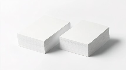 Two neat stacks of blank white business cards aligned perfectly on light surface.