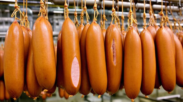Freshly made sausages hanging in a meat processing facility