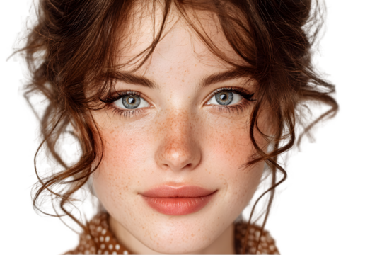 Closeup portrait of a young woman with freckles and brown curly hair beautiful girl with grey on transparent background