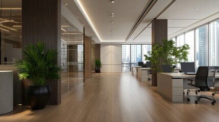 Fototapeta premium Modern office interior design showcasing sleek workstations, wood flooring, and large windows offering a city view. Plants add a touch of nature to the contemporary workspace. : Generative AI