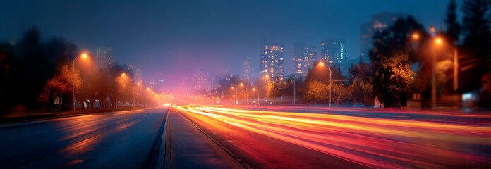 City Street at Night with Light Trails