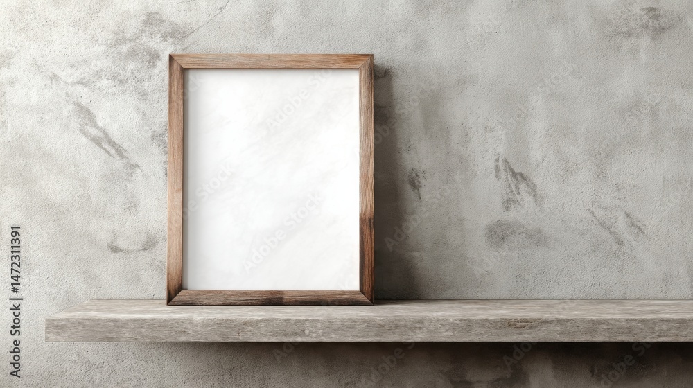 Aufkleber empty wooden frame on rustic shelf against textured concrete wall, providing a minimalist mockup for