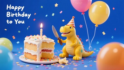 Obraz premium Adorable Dinosaur Celebrating Birthday with Cake and Balloons