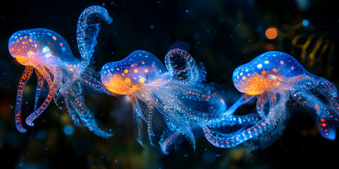 Naklejka premium Colorful Glowing Jellyfish Dancing in Deep Ocean Waters at Night