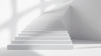 Obraz premium Minimalist white staircase in a corner illuminated by soft lighting.