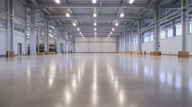 Spacious, modern industrial warehouse interior with polished concrete floor and bright lighting, showcasing empty space and potential for business. : Generative AI