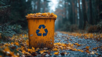 Fototapeta premium Autumn leaves in a recycling bin on a forest path