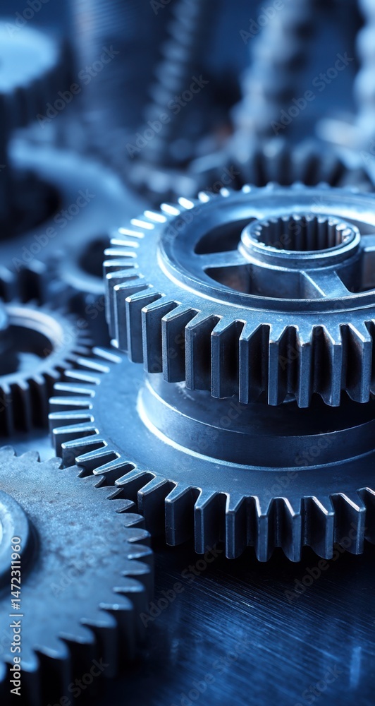Aufkleber Close-up view of interlocking metal gears, showcasing intricate details and a cool blue tone, suggesting precision engineering and complex machinery. : Generative AI