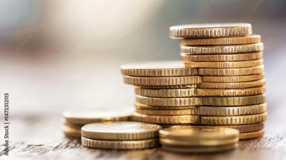 Aufkleber Close-up of stacks of gold coins on a rustic wooden surface, representing financial growth and wealth accumulation. : Generative AI