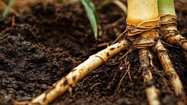 Plant roots growing close-up