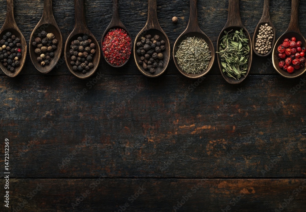 Poster various spices and herbs in wooden spoons arranged on a dark rustic wooden background, offering a cu
