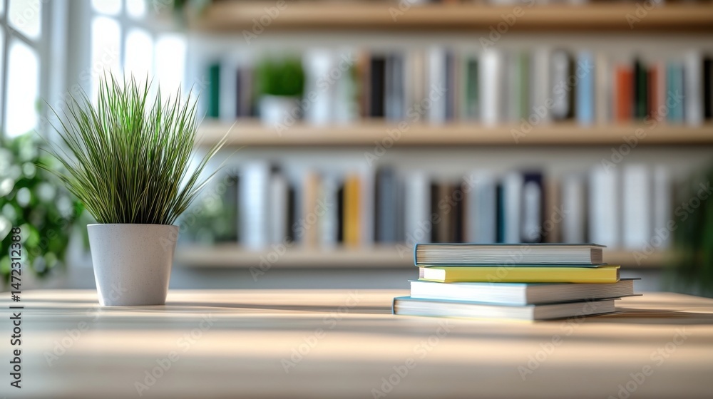 Aufkleber a stack of three books rests on a light wood table, next to a small potted plant; a blurred bookshel