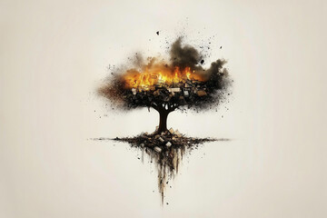 A powerful conceptual illustration of a tree engulfed in flames and smoke, symbolizing environmental destruction, climate change, and the urgent need for ecological awareness and action.