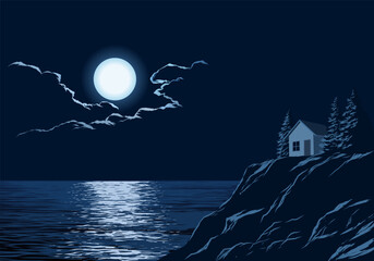 Serene night landscape illustration with a cottage by the seaside
