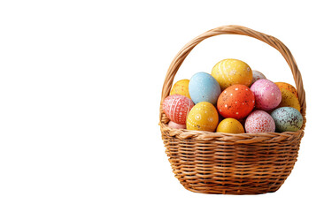 Naklejka premium Colorful easter eggs in a rustic woven basket spring holiday decoration food gift card happy image photo on transparent background
