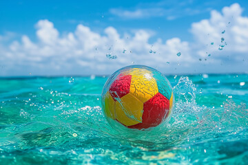 Colorful Sphere Splashing in Turquoise Ocean Water Beneath Blue Sky