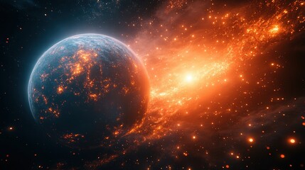 Obraz premium A planet in cosmic catastrophe, engulfed by fiery destruction.