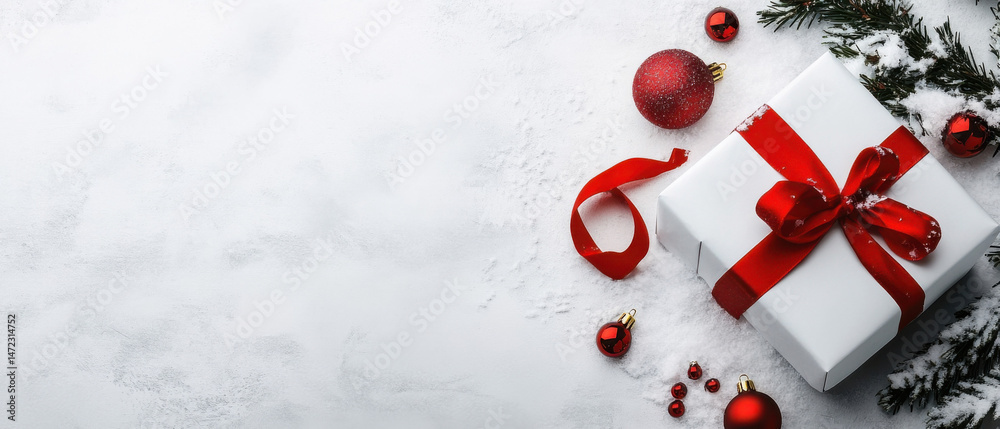 Poster a white gift box with a red ribbon sits on a snowy surface, surrounded by red christmas ornaments an