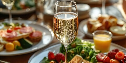 Champagne glass foreground with table of fruits, bread, egg dishes in background.