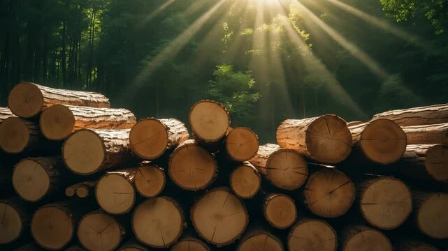 Tree trunks arranged in the front, surrounded by a lush forest and sunlight beams behind