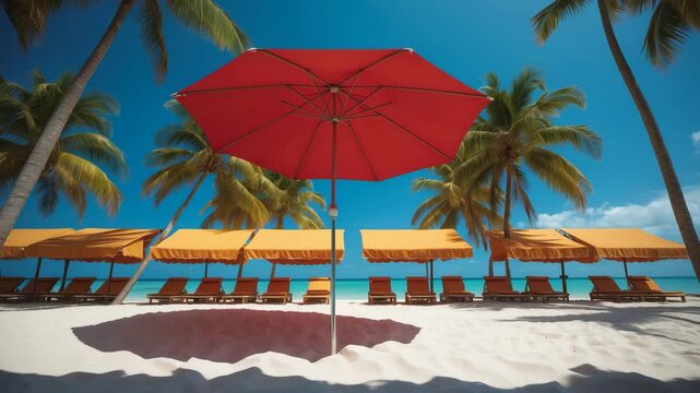 Red parasol against a blue sky. Shade under palm trees with an ultramarine backdrop. Series of canopies. Beach sunshade under the sky. Blank area for text.