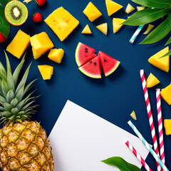 Flatlay of Tropical Fruits and Juice on Blue Background