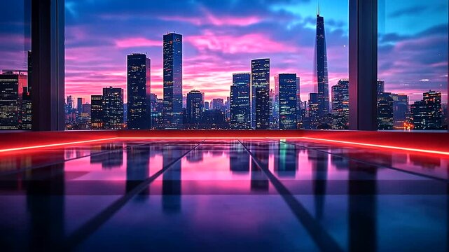 A sleek interior offers a stunning view of a futuristic city skyline at twilight, with vibrant neon light reflecting on the polished floor