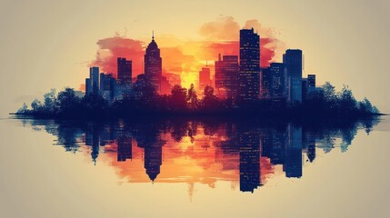 Fototapeta premium Cityscape Silhouette Sunrise Reflection