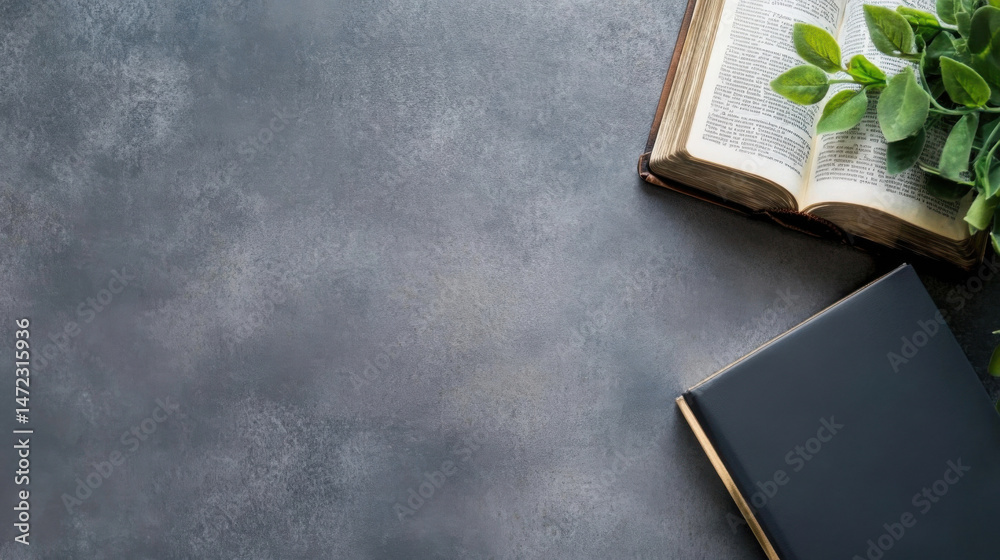 Poster flatlay image of an open antique book, a closed dark notebook, and green leaves on a gray textured s