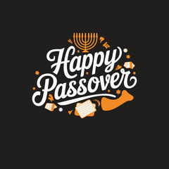 Hand written lettering with text "Happy Passover" in Hebrew and English. Happy Passover greeting card with blue and black background. Vector illustration