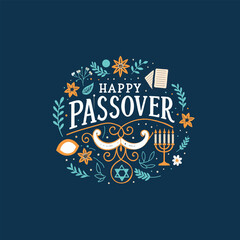 Hand written lettering with text "Happy Passover" in Hebrew and English. Happy Passover greeting card with blue and black background. Vector illustration