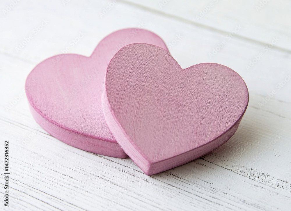 Poster Two mauve wooden hearts rest gently atop a whitewashed wooden surface, creating a romantic and delicate scene. : Generative AI
